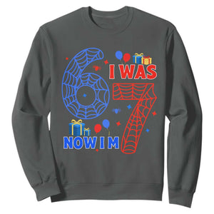 Spider Boy I Was 6 Now I Am 7 Sweatshirt Seventh Birthday Gift TS12 Dark Heather Print Your Wear
