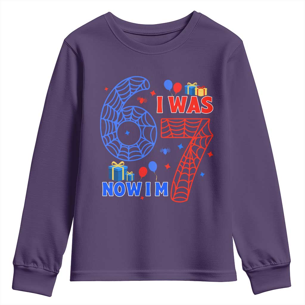 Spider Boy I Was 6 Now I Am 7 Youth Sweatshirt Seventh Birthday Gift TS12 Purple Print Your Wear