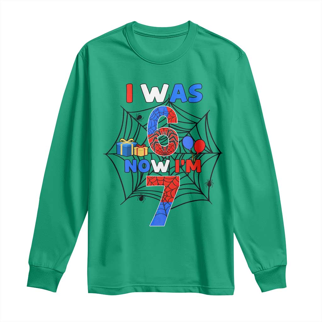 I Was 6 Now I Am 7 Long Sleeve Shirt Spider Themed Birthday Boy TS12 Irish Green Print Your Wear