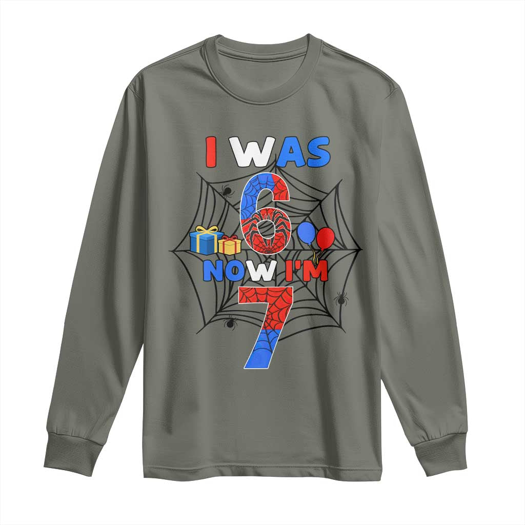 I Was 6 Now I Am 7 Long Sleeve Shirt Spider Themed Birthday Boy TS12 Military Green Print Your Wear