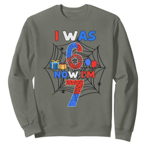 I Was 6 Now I Am 7 Sweatshirt Spider Themed Birthday Boy TS12 Military Green Print Your Wear