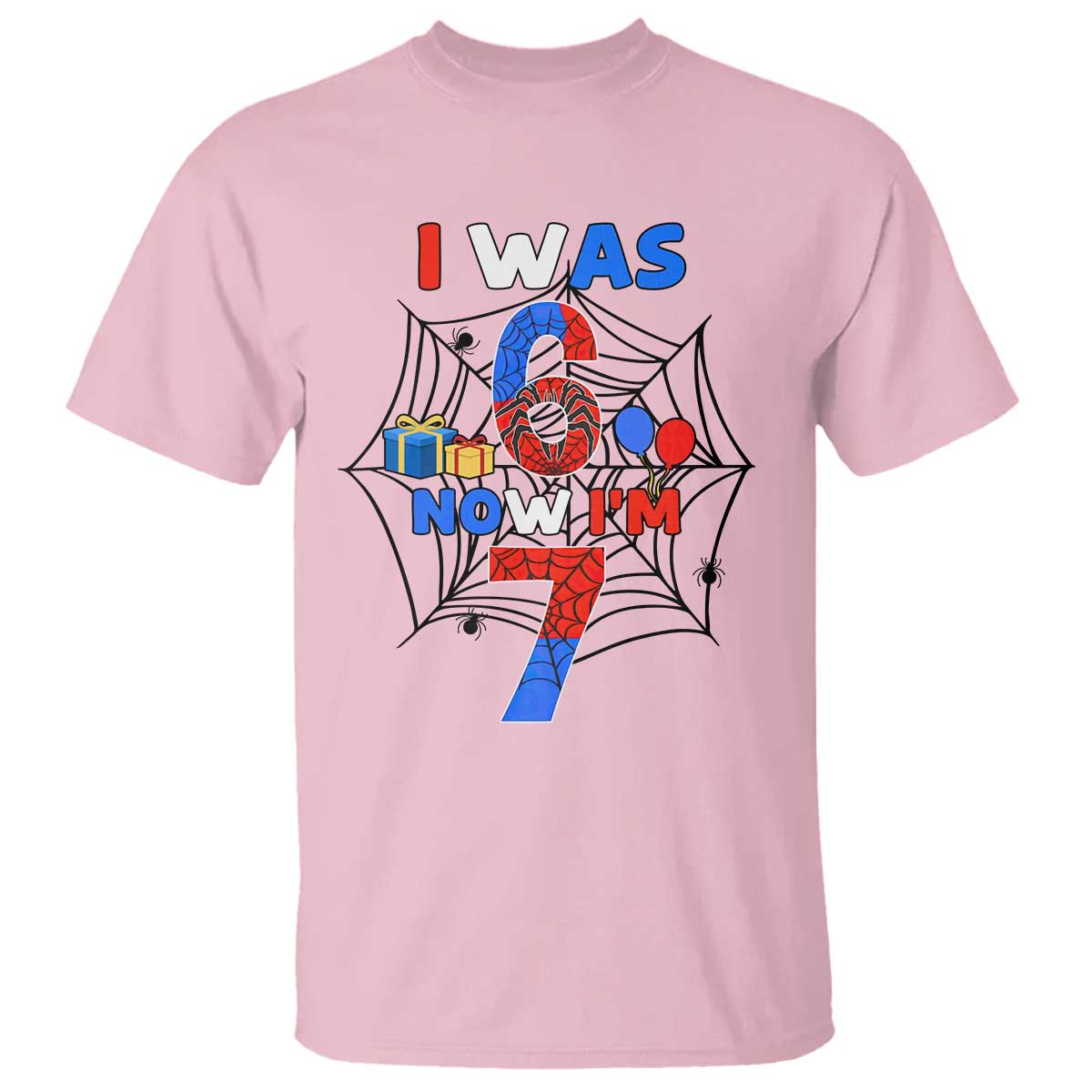 I Was 6 Now I Am 7 T Shirt Spider Themed Birthday Boy TS12 Light Pink Print Your Wear