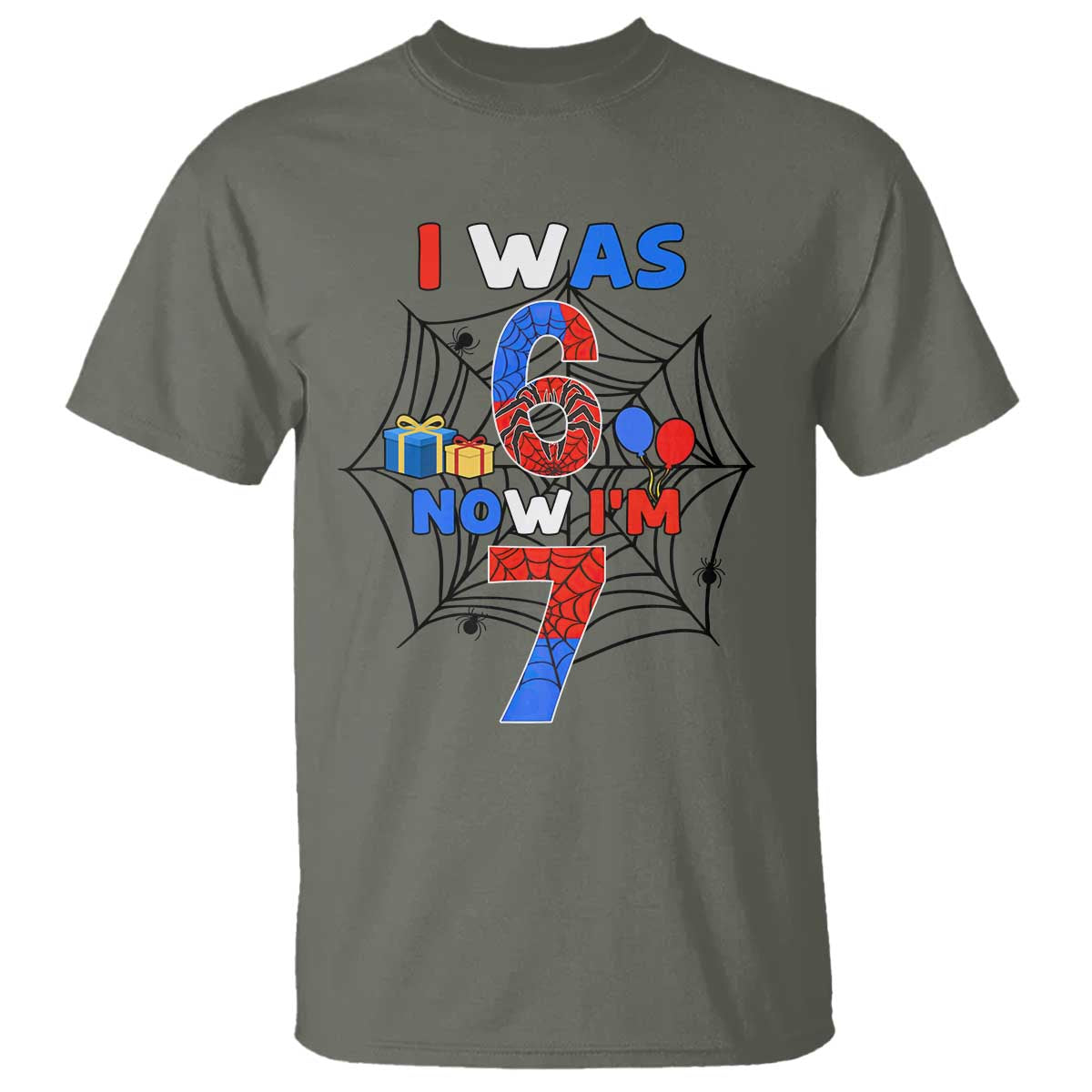 I Was 6 Now I Am 7 T Shirt Spider Themed Birthday Boy TS12 Military Green Print Your Wear