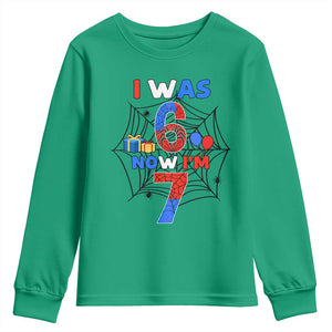I Was 6 Now I Am 7 Youth Sweatshirt Spider Themed Birthday Boy TS12 Irish Green Print Your Wear