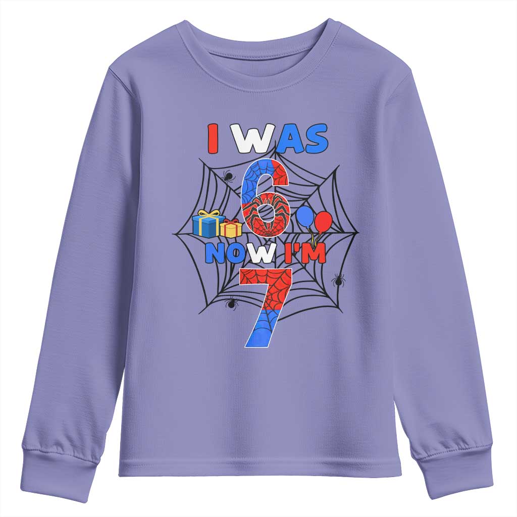 I Was 6 Now I Am 7 Youth Sweatshirt Spider Themed Birthday Boy TS12 Violet Print Your Wear