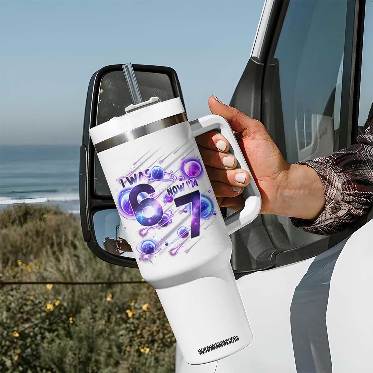 Funny Galaxy Space Birthday Tumbler With Handle I Was Six Now I Am Seven TS12 Print Your Wear