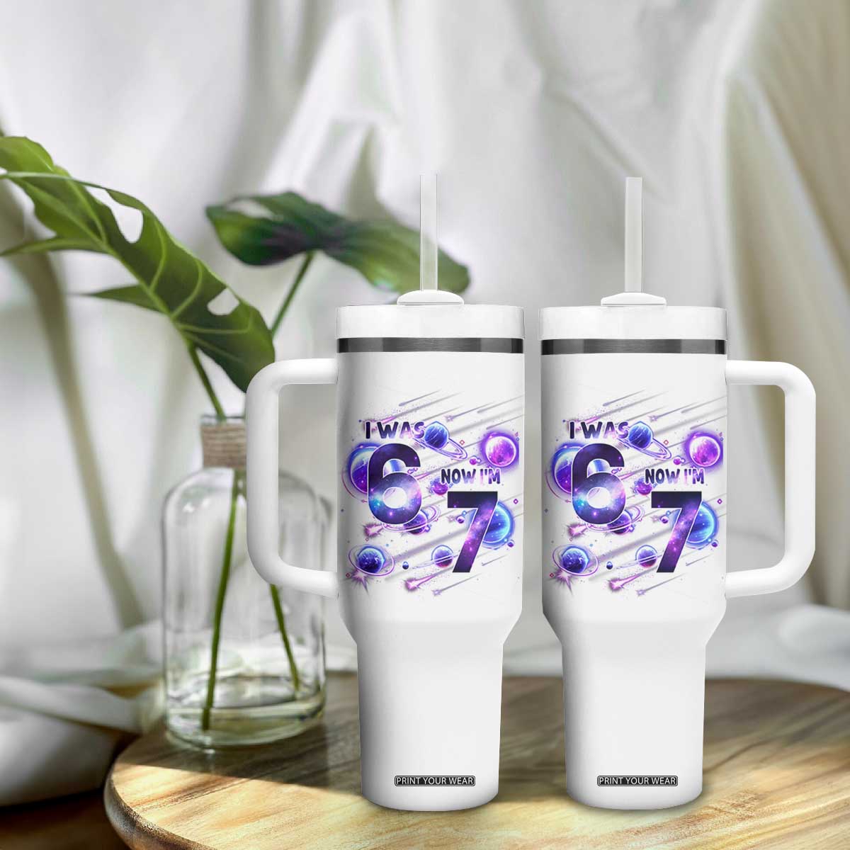 Funny Galaxy Space Birthday Tumbler With Handle I Was Six Now I Am Seven TS12 Print Your Wear