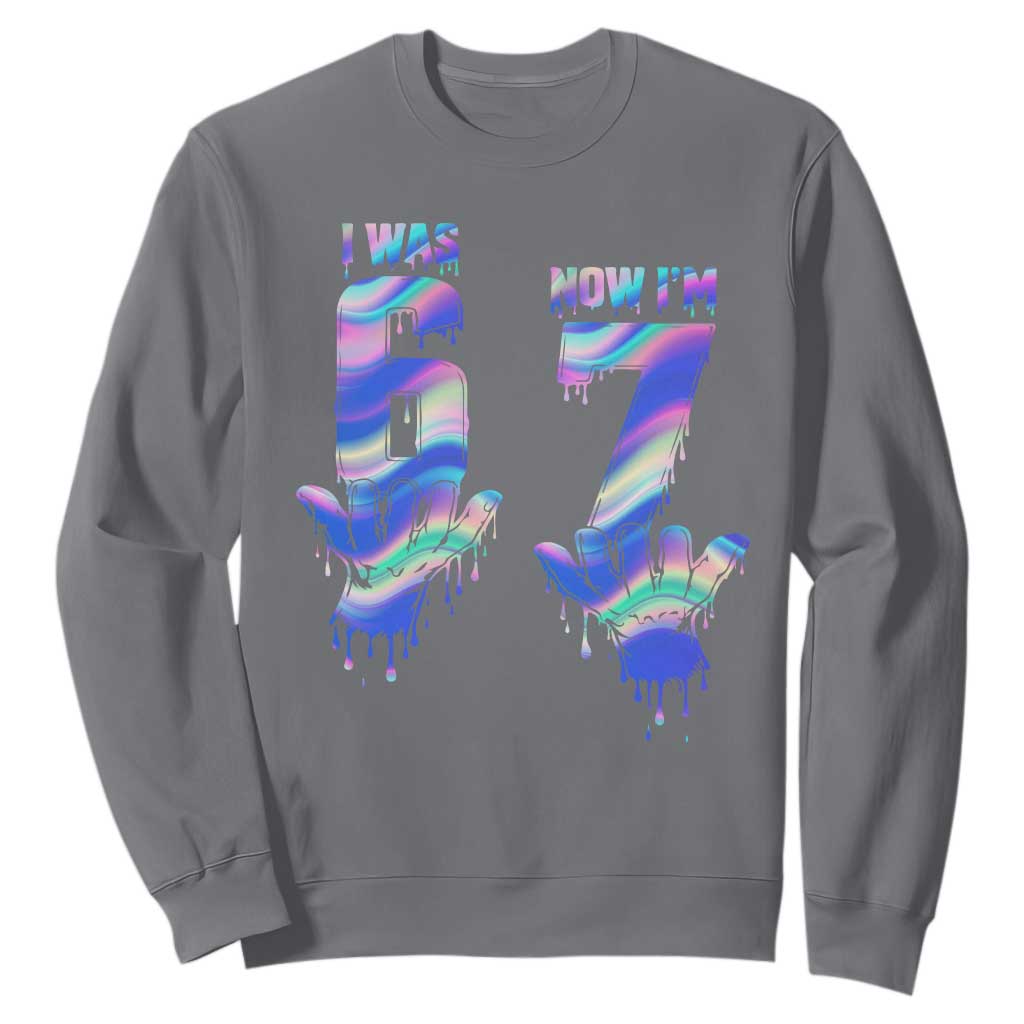 Funny I Was 6 Now I Am 7 Sweatshirt Iridescent Effect Printed Kids Birthday TS12 Charcoal Print Your Wear