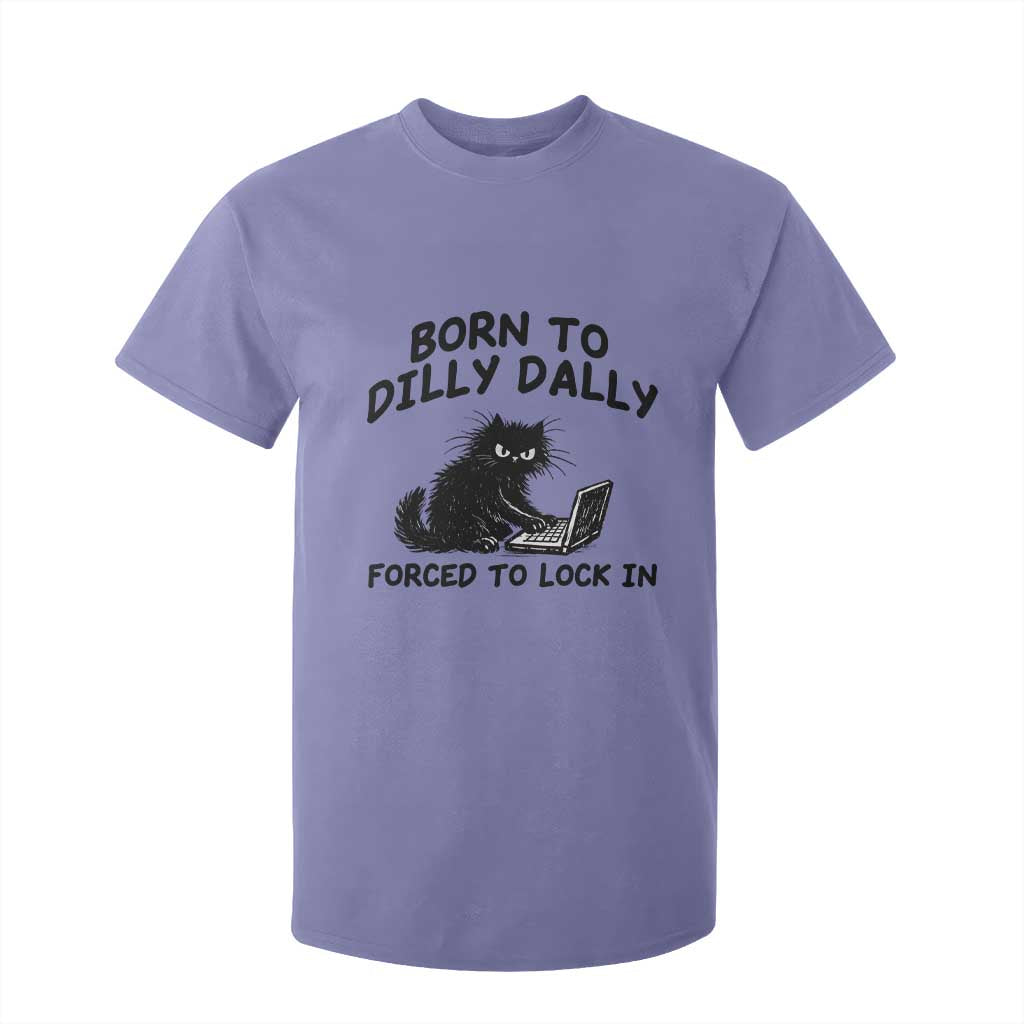 Funny Black Cat T Shirt For Kid Born To Dilly Dally Forced To Lock In TS12 Violet Print Your Wear