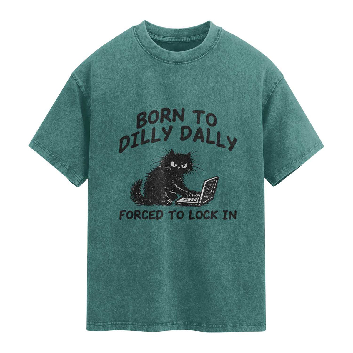 Funny Black Cat Washed Cotton T-Shirt Born To Dilly Dally Forced To Lock In
