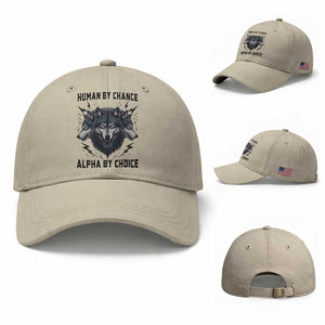 Alpha By Choice Human By Chance Wolf Mindset Quote Baseball Cap TS12 Baseball Cap Universal Fit Beige Print Your Wear