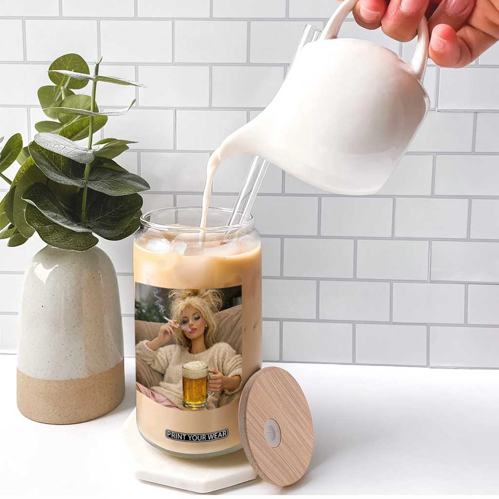 Funny Smoking And Drinking Doll Meme Glass Can Weekend Relaxation TS12 Print Your Wear