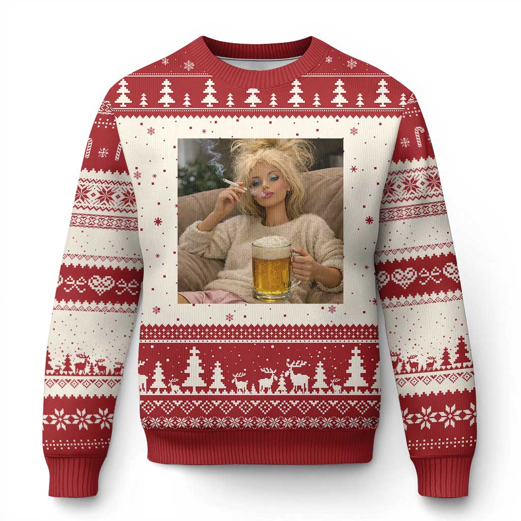 Funny Smoking And Drinking Doll Meme Ugly Christmas Sweater Weekend Relaxation TS12 Beige Red Print Your Wear