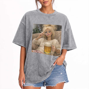 Funny Smoking And Drinking Doll Meme Washed Cotton T-Shirt Weekend Relaxation