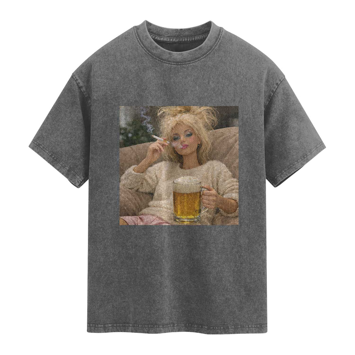 Funny Smoking And Drinking Doll Meme Washed Cotton T-Shirt Weekend Relaxation