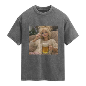 Funny Smoking And Drinking Doll Meme Washed Cotton T-Shirt Weekend Relaxation