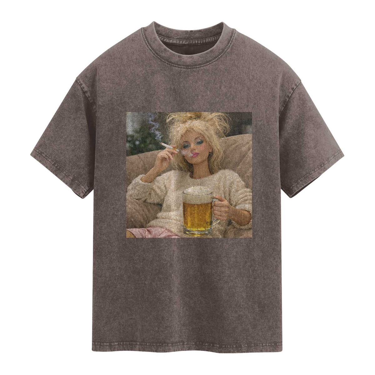 Funny Smoking And Drinking Doll Meme Washed Cotton T-Shirt Weekend Relaxation