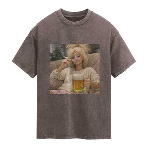 Funny Smoking And Drinking Doll Meme Washed Cotton T-Shirt Weekend Relaxation