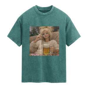 Funny Smoking And Drinking Doll Meme Washed Cotton T-Shirt Weekend Relaxation
