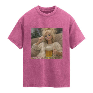 Funny Smoking And Drinking Doll Meme Washed Cotton T-Shirt Weekend Relaxation