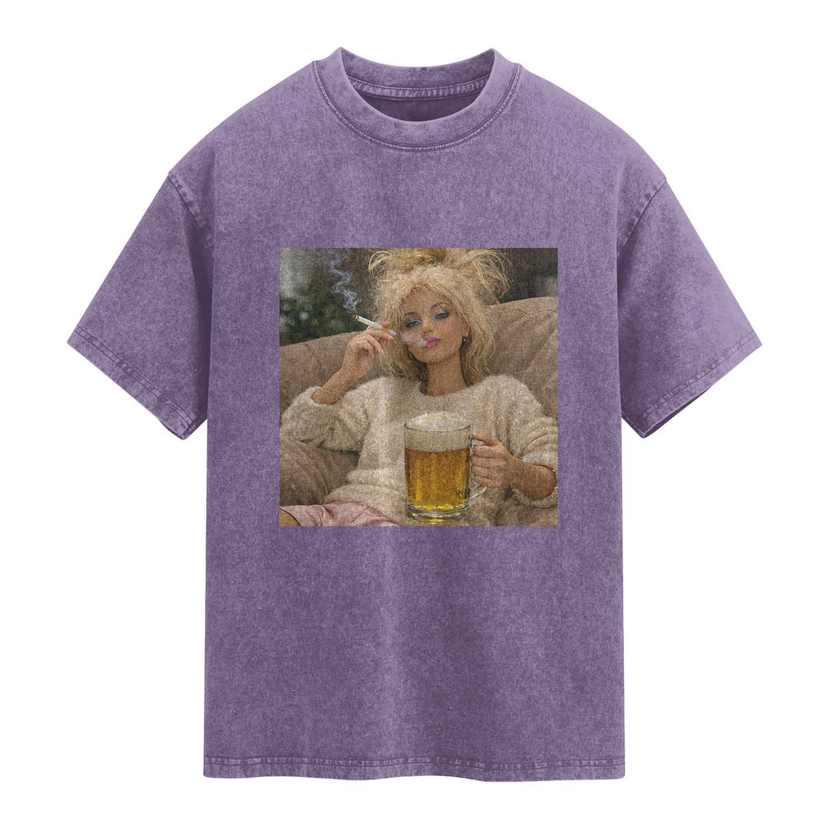 Funny Smoking And Drinking Doll Meme Washed Cotton T-Shirt Weekend Relaxation