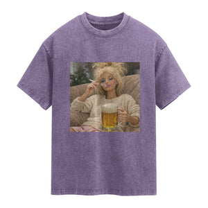 Funny Smoking And Drinking Doll Meme Washed Cotton T-Shirt Weekend Relaxation