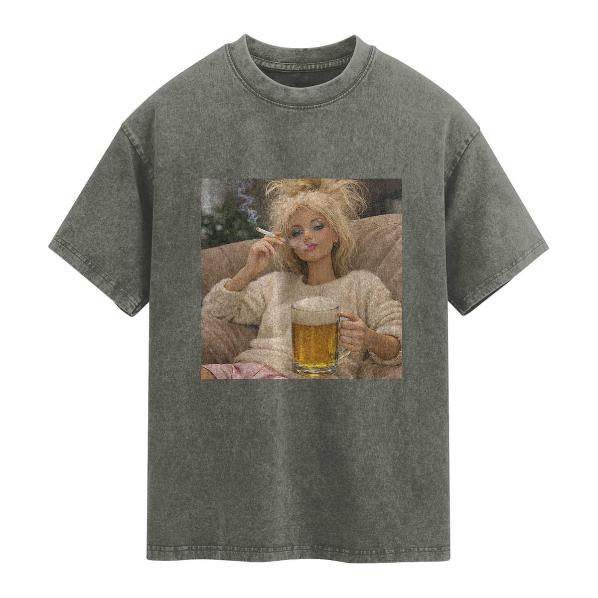 Funny Smoking And Drinking Doll Meme Washed Cotton T-Shirt Weekend Relaxation