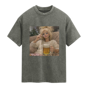 Funny Smoking And Drinking Doll Meme Washed Cotton T-Shirt Weekend Relaxation