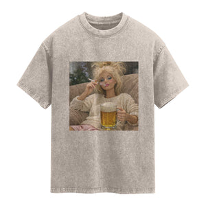 Funny Smoking And Drinking Doll Meme Washed Cotton T-Shirt Weekend Relaxation