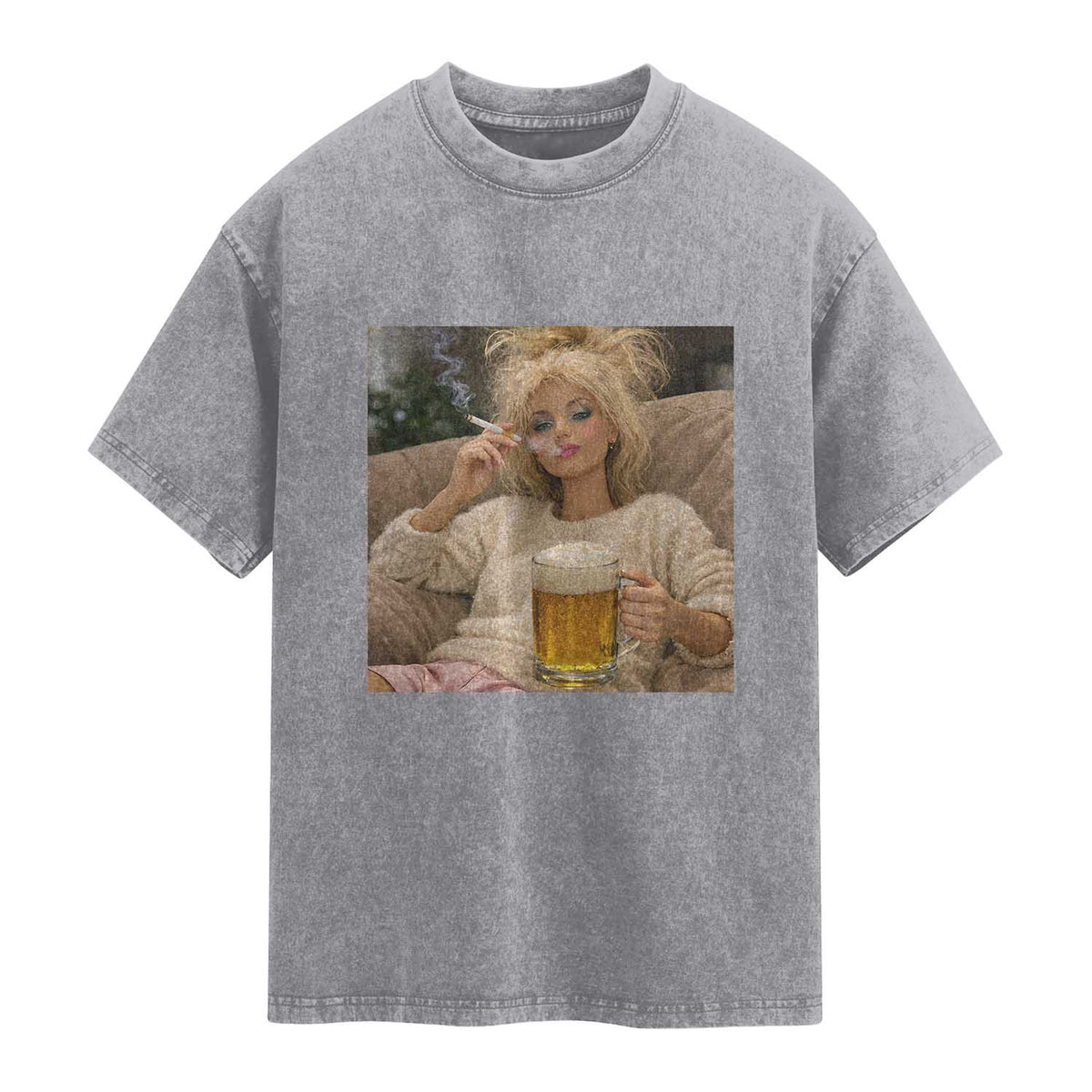 Funny Smoking And Drinking Doll Meme Washed Cotton T-Shirt Weekend Relaxation