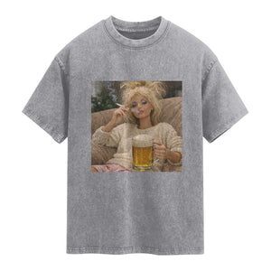 Funny Smoking And Drinking Doll Meme Washed Cotton T-Shirt Weekend Relaxation