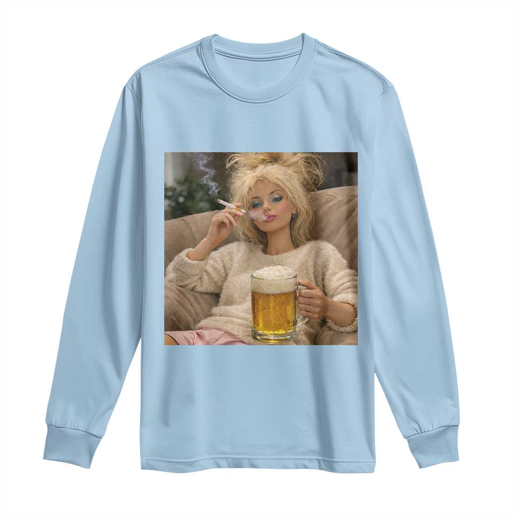 Funny Smoking And Drinking Doll Meme Long Sleeve Shirt Weekend Relaxation TS12 Light Blue Print Your Wear