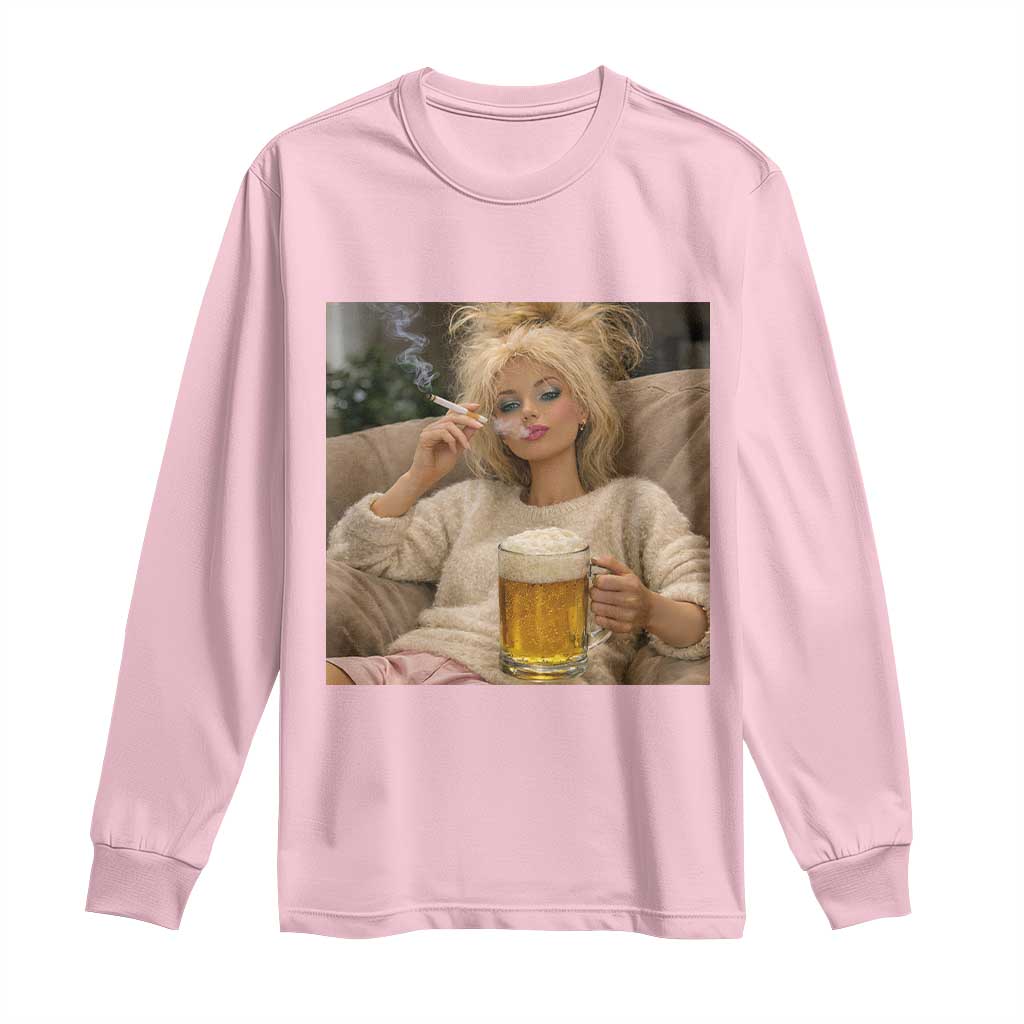 Funny Smoking And Drinking Doll Meme Long Sleeve Shirt Weekend Relaxation TS12 Light Pink Print Your Wear