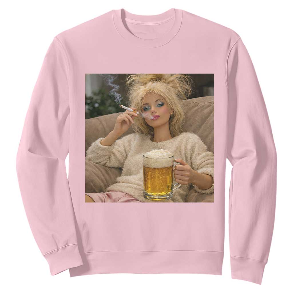 Funny Smoking And Drinking Doll Meme Sweatshirt Weekend Relaxation TS12 Light Pink Print Your Wear