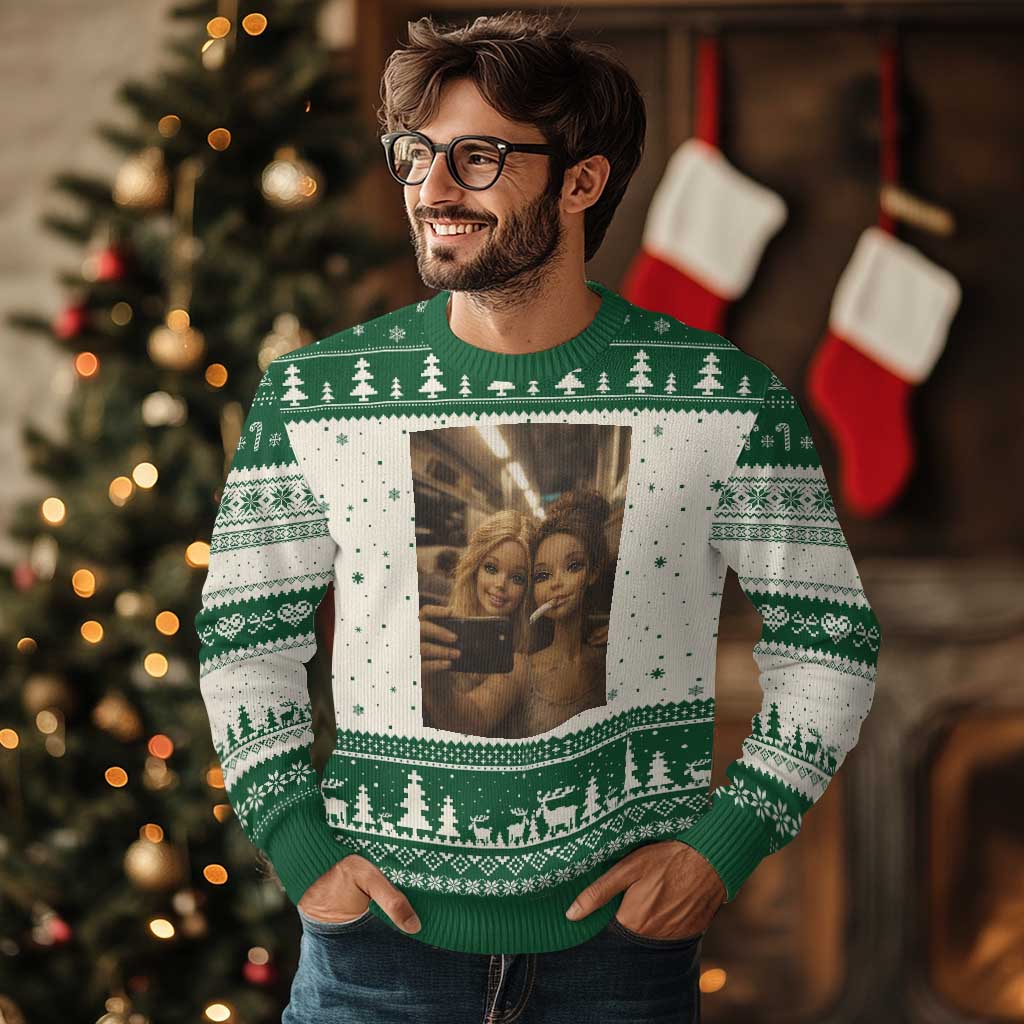 Funny Selfie Doll Meme Ugly Christmas Sweater Aesthetic Doll Face Graphic TS12 Beige Green Print Your Wear