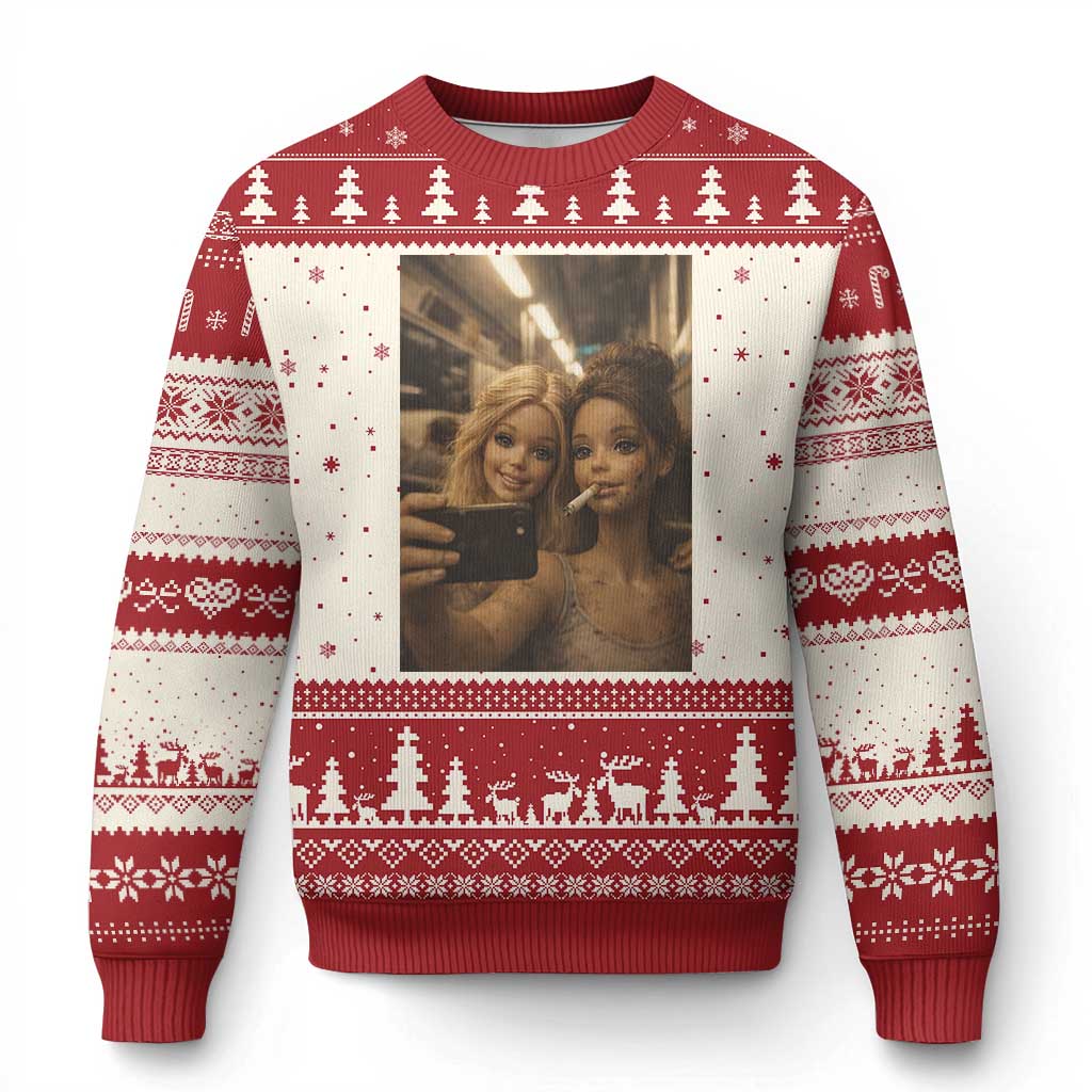 Funny Selfie Doll Meme Ugly Christmas Sweater Aesthetic Doll Face Graphic TS12 Beige Red Print Your Wear