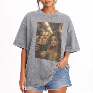 Funny Selfie Doll Meme Washed Cotton T-Shirt Aesthetic Doll Face Graphic