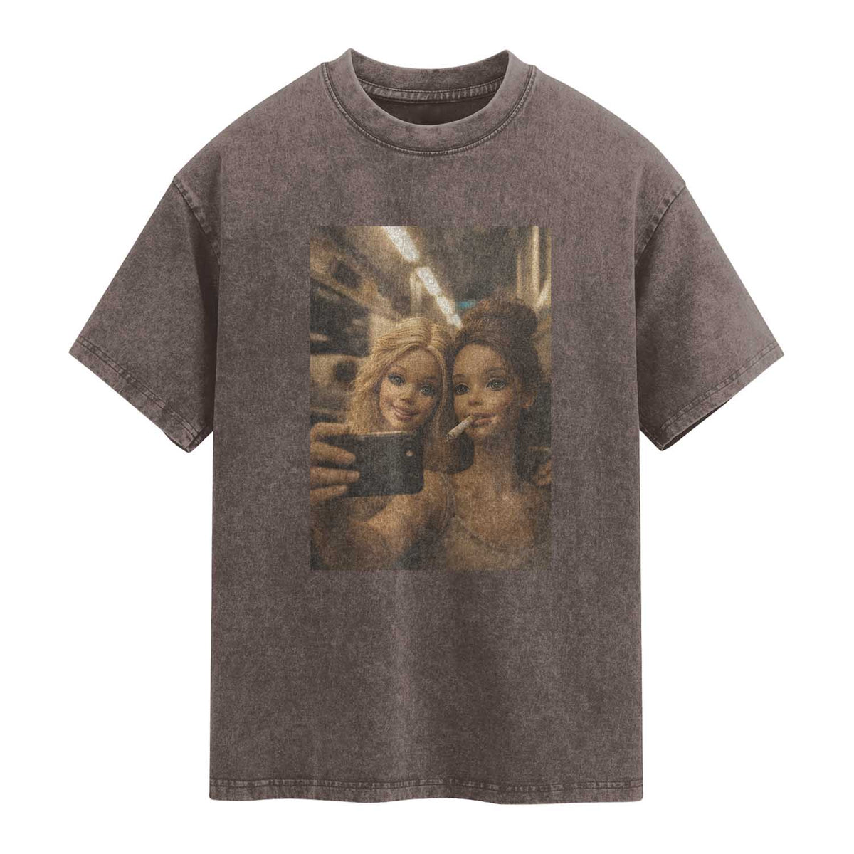 Funny Selfie Doll Meme Washed Cotton T-Shirt Aesthetic Doll Face Graphic