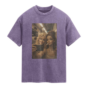 Funny Selfie Doll Meme Washed Cotton T-Shirt Aesthetic Doll Face Graphic