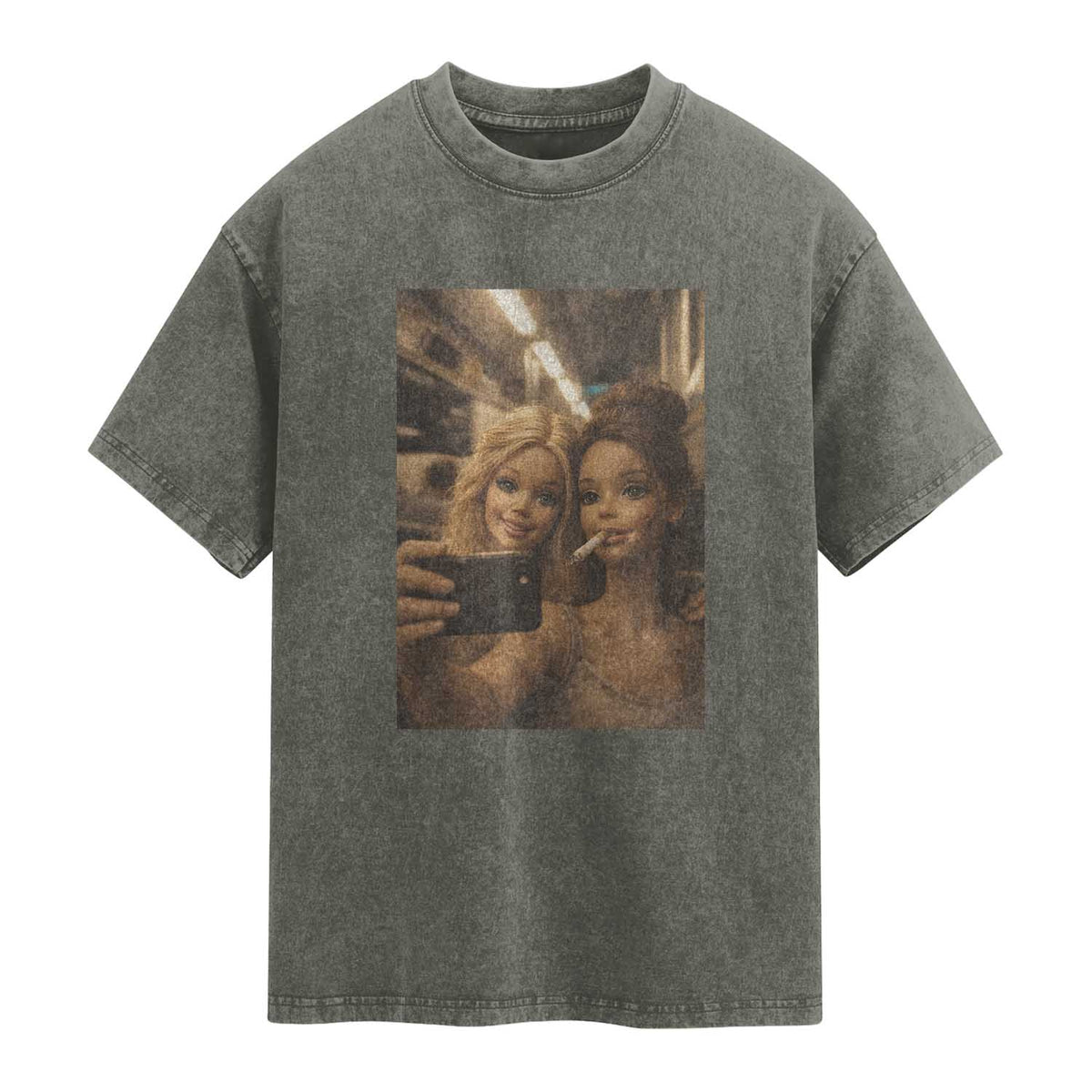 Funny Selfie Doll Meme Washed Cotton T-Shirt Aesthetic Doll Face Graphic