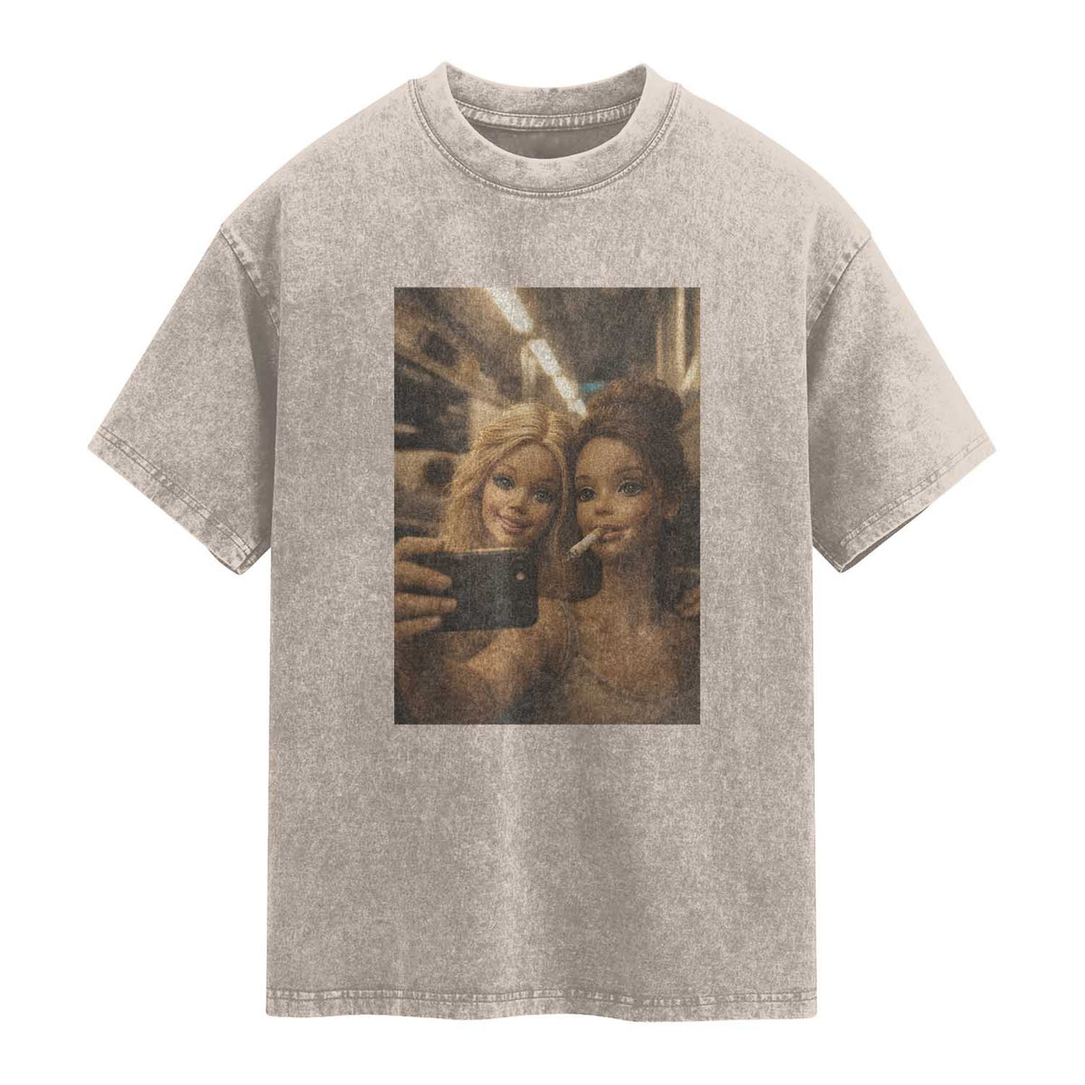 Funny Selfie Doll Meme Washed Cotton T-Shirt Aesthetic Doll Face Graphic
