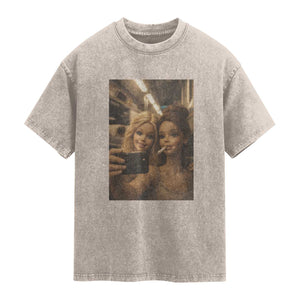 Funny Selfie Doll Meme Washed Cotton T-Shirt Aesthetic Doll Face Graphic