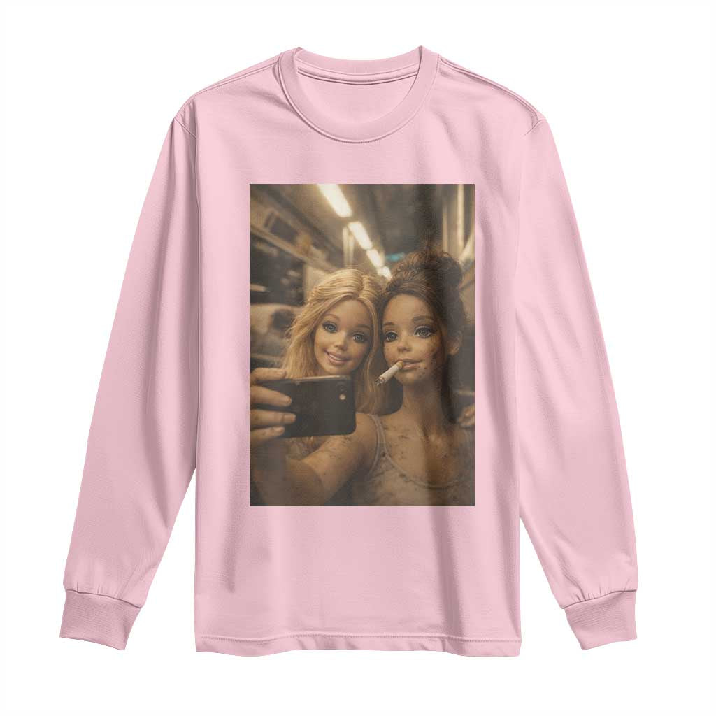 Funny Selfie Doll Meme Long Sleeve Shirt Aesthetic Doll Face Graphic TS12 Light Pink Print Your Wear