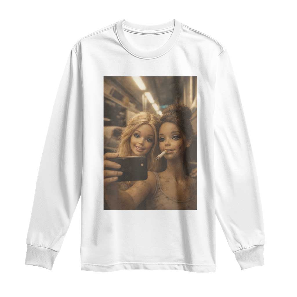 Funny Selfie Doll Meme Long Sleeve Shirt Aesthetic Doll Face Graphic TS12 White Print Your Wear