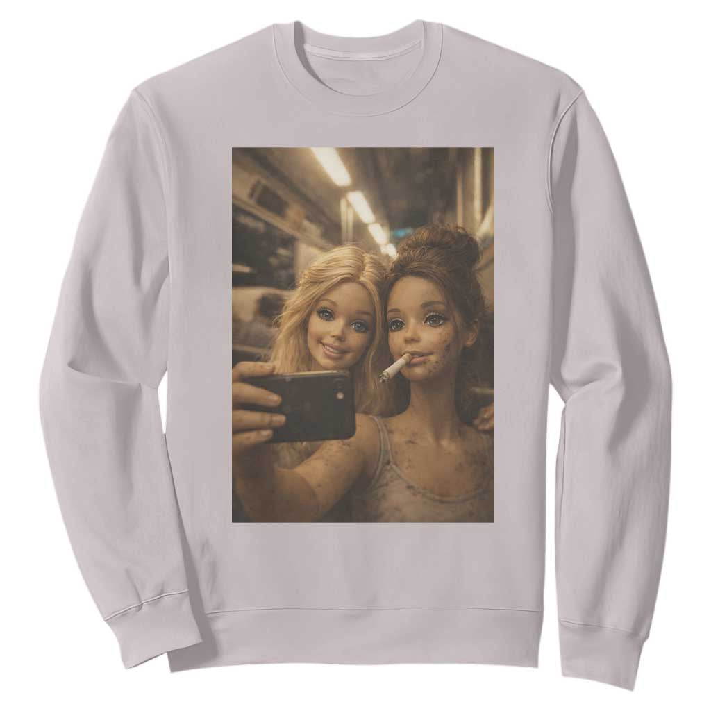 Funny Selfie Doll Meme Sweatshirt Aesthetic Doll Face Graphic TS12 Ice Gray Print Your Wear