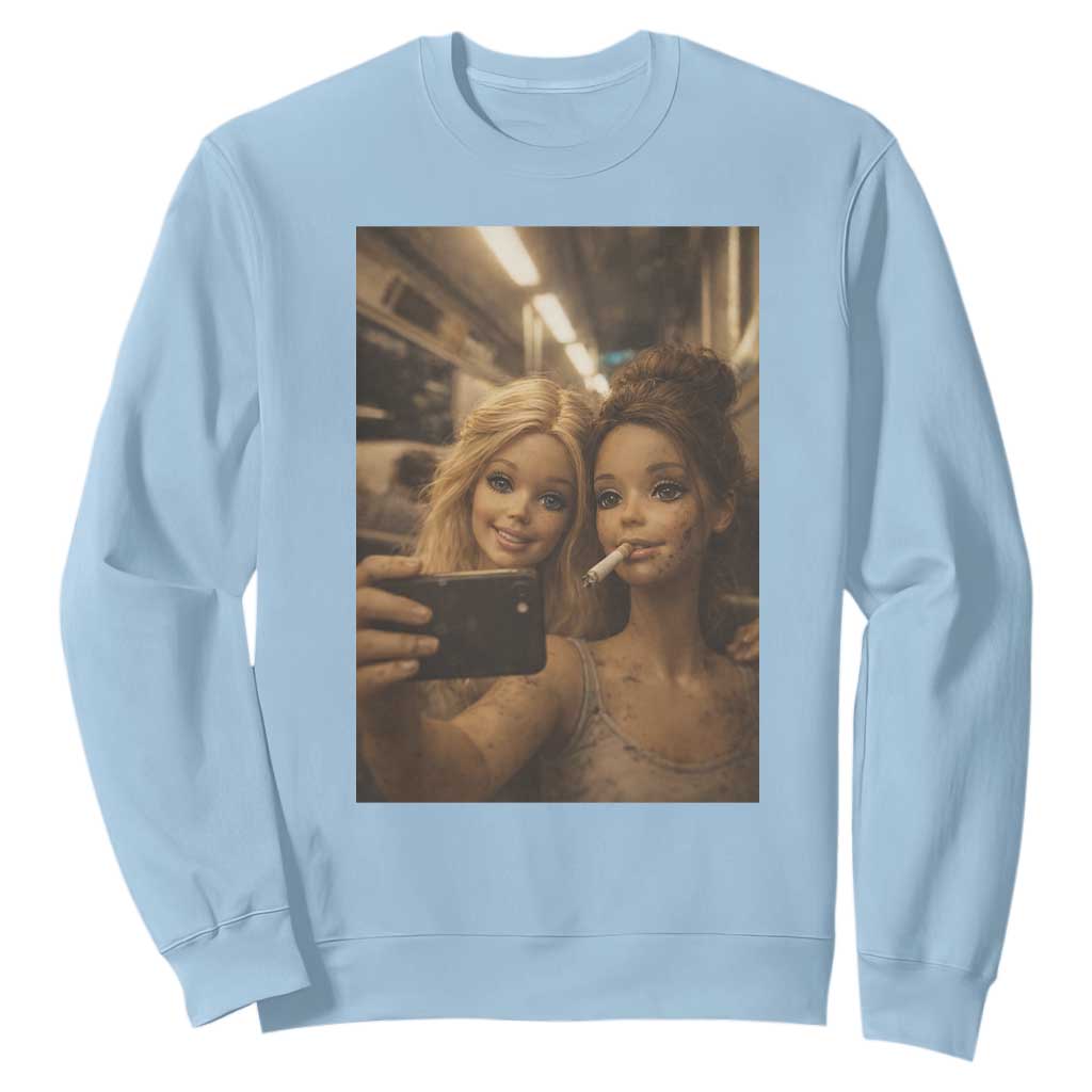Funny Selfie Doll Meme Sweatshirt Aesthetic Doll Face Graphic TS12 Light Blue Print Your Wear