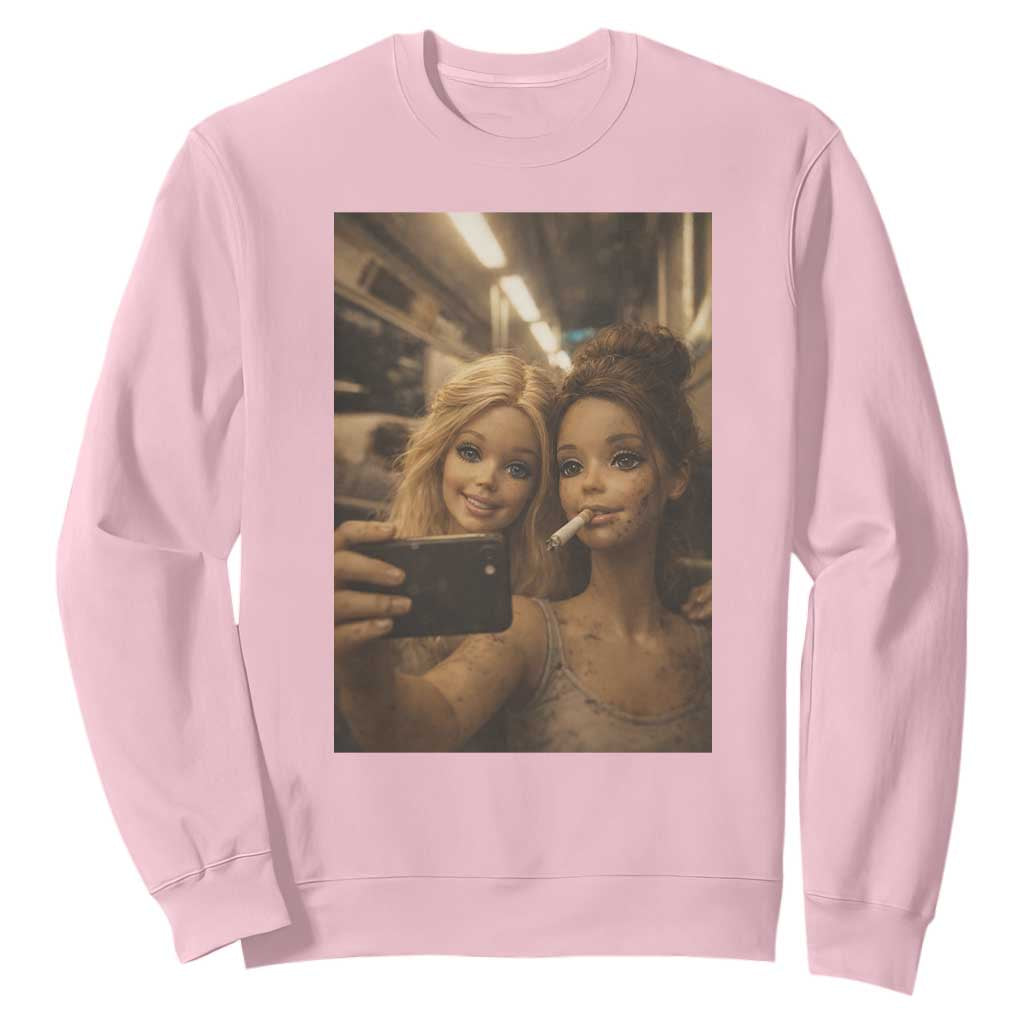Funny Selfie Doll Meme Sweatshirt Aesthetic Doll Face Graphic TS12 Light Pink Print Your Wear
