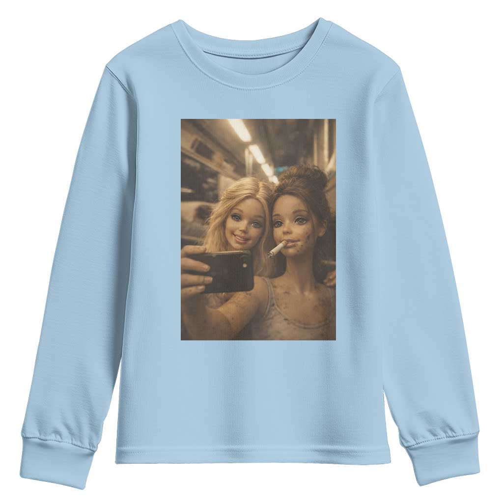 Funny Selfie Doll Meme Youth Sweatshirt Aesthetic Doll Face Graphic TS12 Light Blue Print Your Wear