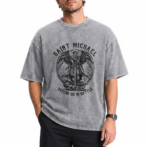 Saint Michael Heavenly Warrior Washed Cotton T-Shirt Defend Us In Battle