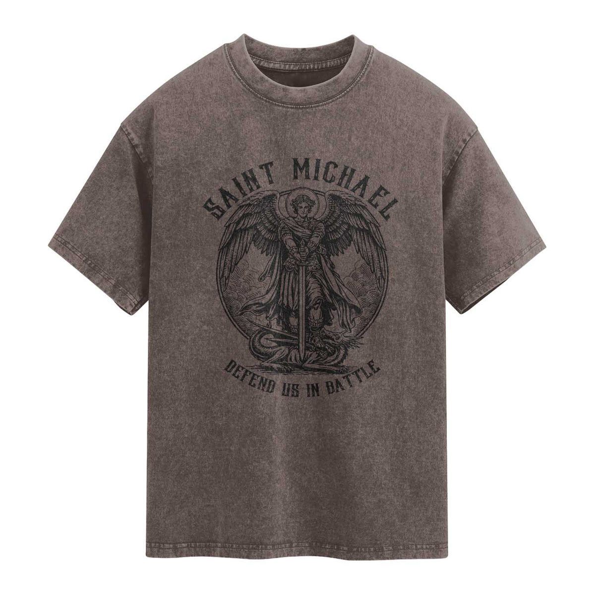 Saint Michael Heavenly Warrior Washed Cotton T-Shirt Defend Us In Battle
